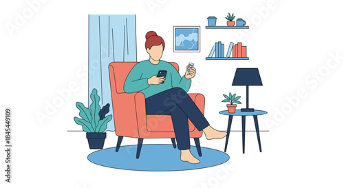 A woman sits comfortably in an armchair, shopping online with her phone and credit card in a cozy, modern living room.