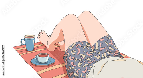 A first-person perspective illustration shows a person relaxing on a blanket with their legs up, enjoying two cups of coffee or tea.