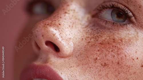 A close-up shot of a woman's face, highlighting the delicate freckles on her skin