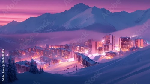 A vivid digital artwork of a cityscape nestled amidst a snowy mountain range during twilight. The city is illuminated by a myriad of lights, casting a warm, golden hue over the landscape.