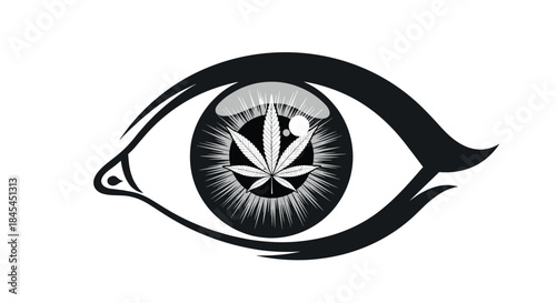 Stylized eye with a cannabis leaf in the pupil representing perception and cannabis culture awareness and social dialogue.