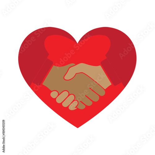  Abstract vector illustration depicting two hands shaking firmly within the outline of a bright red heart.