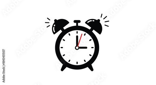 Alarm clock illustration with two bells on top and a red second hand signaling early morning wake up as a bold round dial displays hours minutes and seconds.