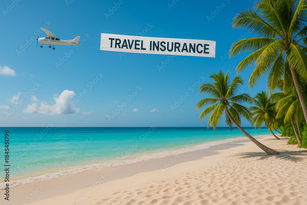 Fototapeta premium Airplane advertising travel insurance over tropical beach scene