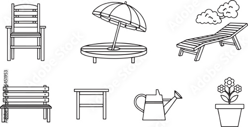 Outdoor furniture and gardening tools line icons