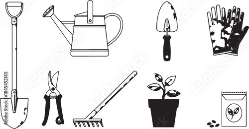 Gardening tools and plants collection with transparent background