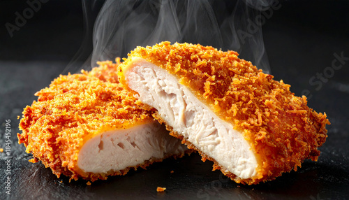 Close-up of steaming breaded chicken cutlets on a dark textured surface fried