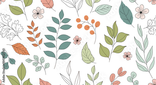 Seamless botanical pattern featuring leafy branches flowers and berries in pastel greens pinks and oranges suitable for fabric wallpaper and textile designs.