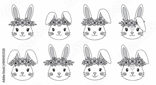 Rabbit faces with floral crowns, line art style
