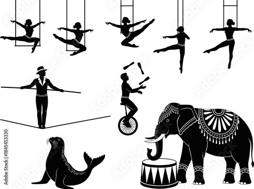 Elegant circus performers, acrobats, jugglers, trained animals, and classic show elements illustrated in detailed black silhouettes for creative vector design and entertainment-themed projects