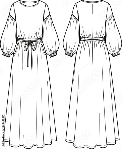 Elegant long maxi dress technical flat sketch with gathered puff sleeves, adjustable waist tie, flowing silhouette,
