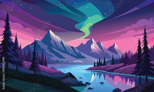 Aurora borealis over snow capped mountains and lake