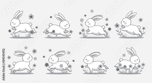 Running rabbits in meadow with flowers