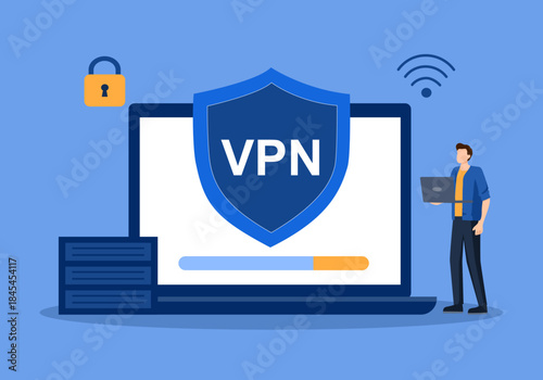 Vector laptop mockup virtual private network with shield concept. Cyber security and privacy.