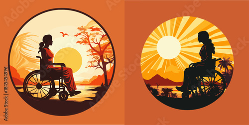 Vector silhouettes of people in wheelchairs at sunset landscape illustration
