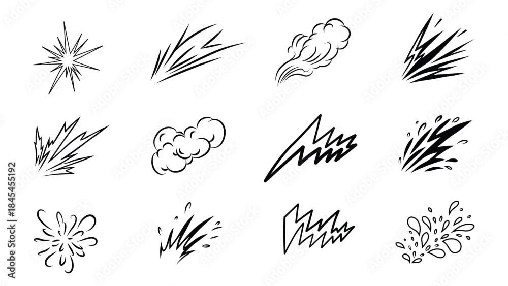 Obraz premium Set of 12 hand drawn comic style speed lines, explosion effects, smoke puffs, and action marks in black outline