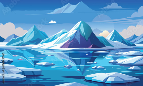Stylized arctic landscape with icebergs and mountains