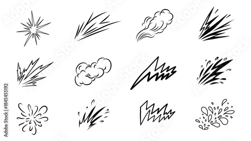 Set of 12 hand drawn comic style speed lines, explosion effects, smoke puffs, and action marks in black outline