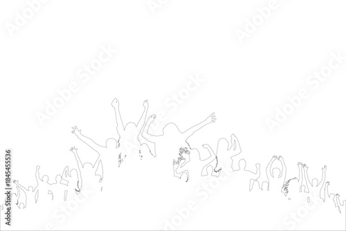People contours cheering with hands raised, dancing and celebrating at a party or concert. Vector illustration