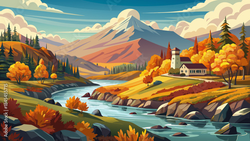 Very beautiful autumn landscape along the Yakima River in Kittitas County, vibrant fall foliage, flowing water, rural calm, and detailed vector illustration capturing seasonal atmosphere.