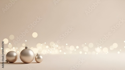Minimal Elegant Christmas Ornaments on Soft Beige Background with Bokeh Lights