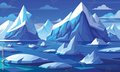 Blue and white icebergs in arctic ocean landscape water