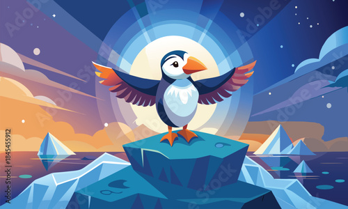 Stylized puffin with wings spread on iceberg at sunset