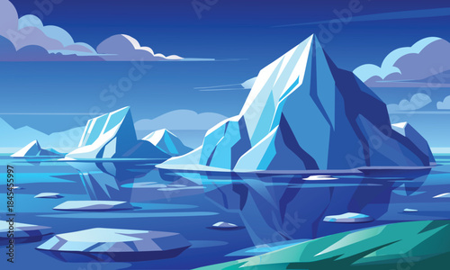 Stylized icebergs float in calm blue ocean under cloudy sky