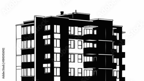 Modern Apartment Building Facade With Balconies And Windows.