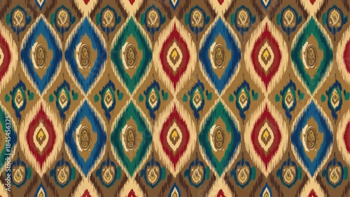Intricate Ikat Pattern with Diamond Motifs and Vibrant Colors.