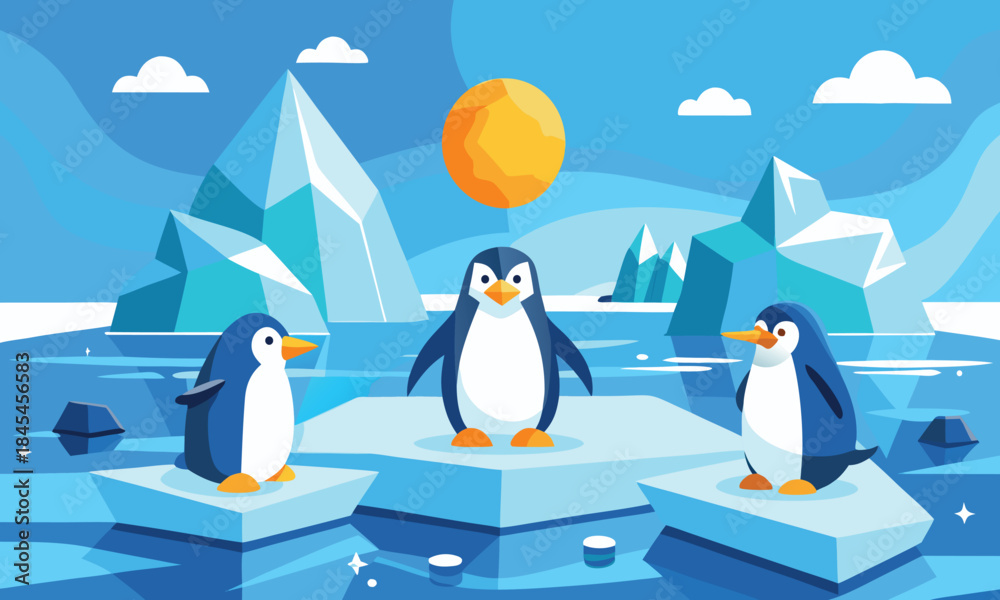 Obraz premium Three cartoon penguins on icebergs with sun and clouds