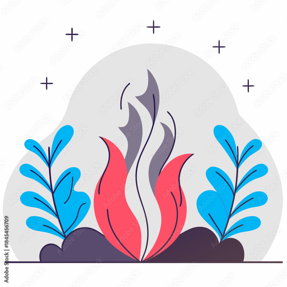 Fototapeta premium Colorful flame symbol with blue plants and stars abstract