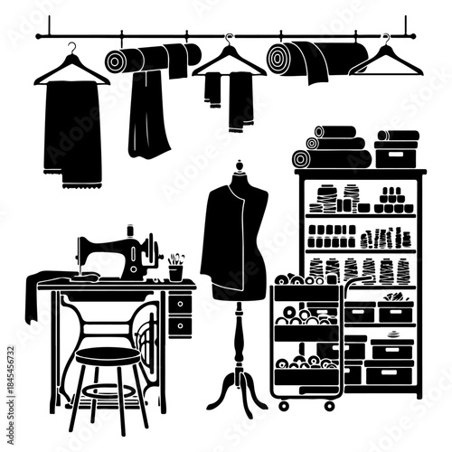 Black and white illustration of a sewing and tailoring workshop. Features vintage machine, mannequin, fabric rolls, and craft supplies, ideal for textile art and fashion design