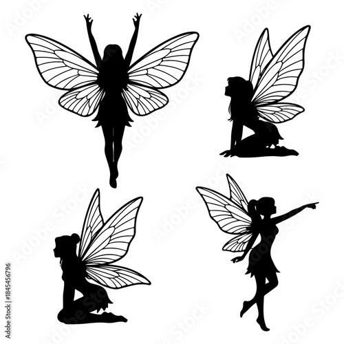 Silhouettes of four winged fairies in various mystical poses, perfect for fantasy art and decorations