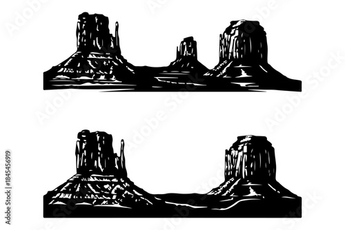 Classic monochrome vector illustration depicting a stunning array of majestic natural rock formations, capturing the unique and rugged beauty of an iconic desert landscape