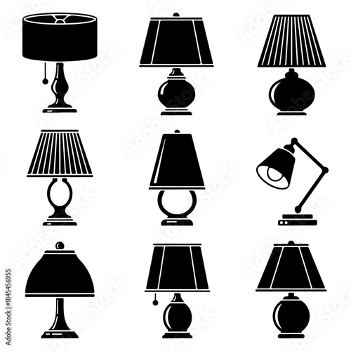 A versatile collection of elegant lamp designs, presented as clean black silhouettes. Ideal for illustrating interior design concepts, lighting fixtures, and home decor accents