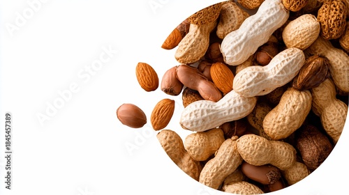 Pile of peanuts and almonds, some shelled, some unshelled on white