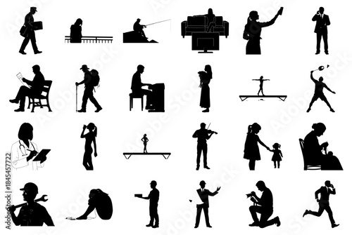 Silhouettes of People in Professional and Leisure Activities Keywords silhouette, people, man