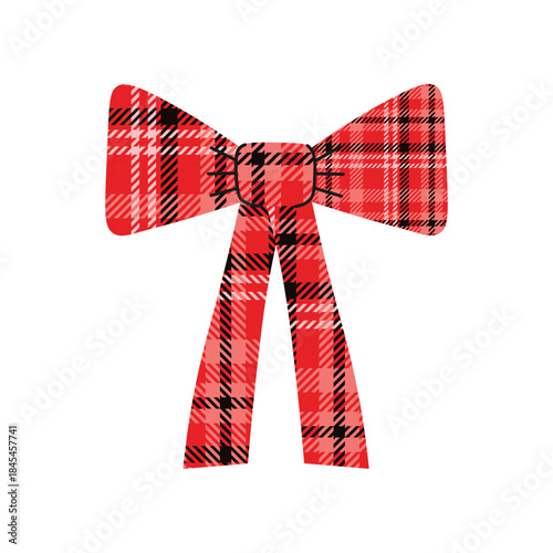 Twill Plaid Bow. Check Red Scottish in ribbon in knot. Scotchwoman fabric decor. Vector illustration on isolated background. Check Ribbon tied, corner. Hand drawn design for card, invitation, flayer