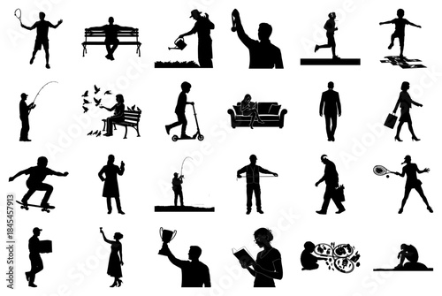 Silhouettes of People in Sports, Leisure, and Daily Routines