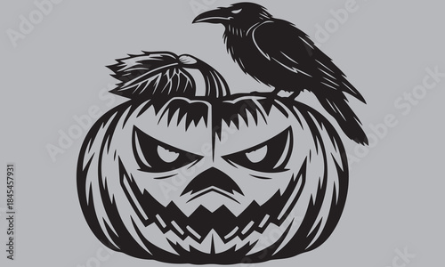 Halloween Pumpkin with Crow – Scary Jack-O’-Lantern, Raven & Spooky Halloween Art .