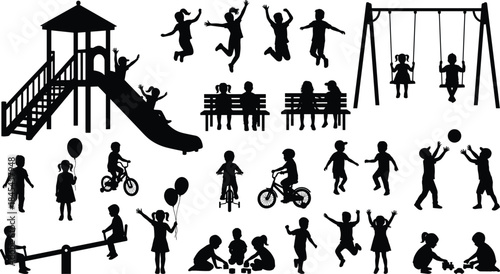 children, kids, playground, play, fun, silhouette, activity, outdoor, childhood, jump, swing, slide, bicycle, vector, illustration