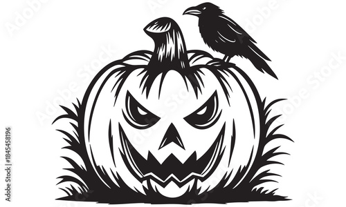 Halloween Pumpkin with Crow – Scary Jack-O’-Lantern, Raven & Spooky Halloween Art .