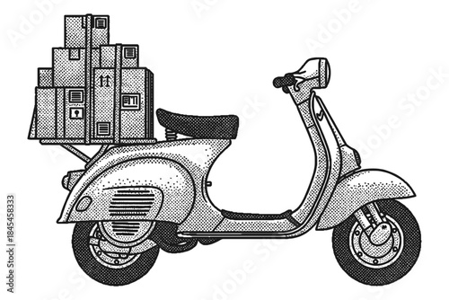 vintage scooter loaded with stacked cardboard boxes, delivery service illustration in retro halftone style