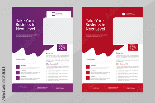 Modern Business Flyer/Poster Template Two Color Options: Corporate Red and Purple Editable Layout for Promotion and Services.
