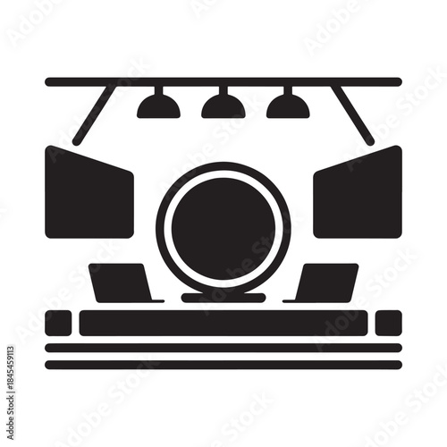 Simple stage illustration with spotlights seats and a circular platform
