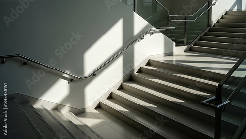 Modern staircase with sunlight and shadows indoors.
