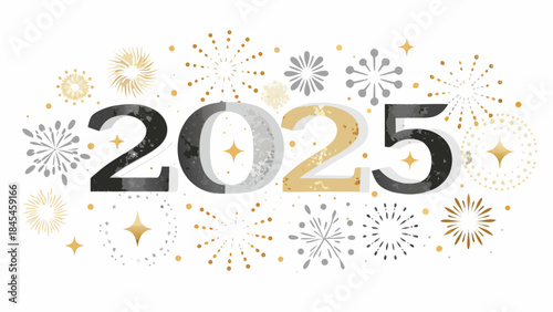 Shimmering metallic 2025 with luminous fireworks on white