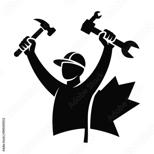 Construction worker with hammer and wrench tools showing strength and canadian maple leaf labor day celebration on transparent background