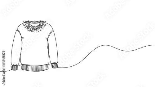 Continuous line drawing of a cozy sweater with a decorative neckline on a white background.